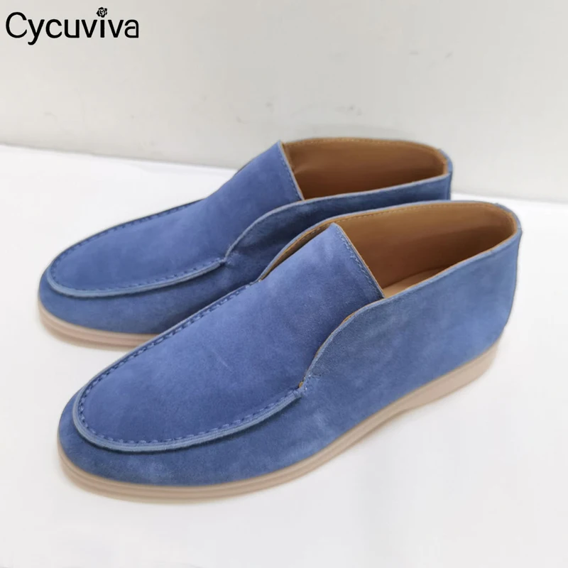 Туфли женские высокие замшевые повседневные лоферы без застежки на плоской