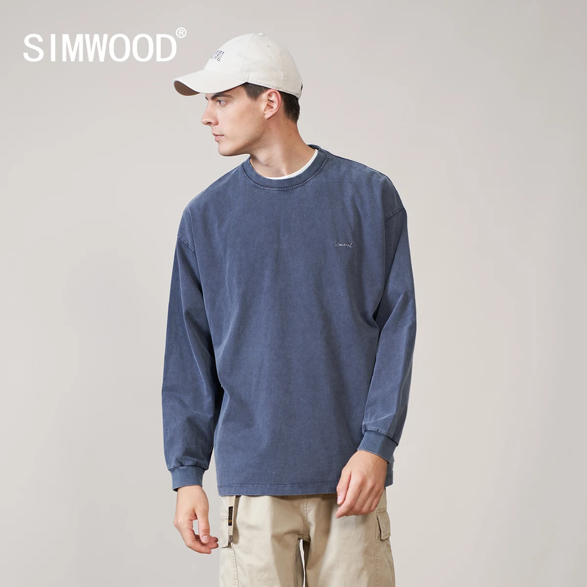 

SIMWOOD 2022 Весенняя Новинка Asutex Batik Винтажная футболка с длинным рукавом мужская вышивка логотипа 100% хлопок Ретро пуловеры оверсайз Топы