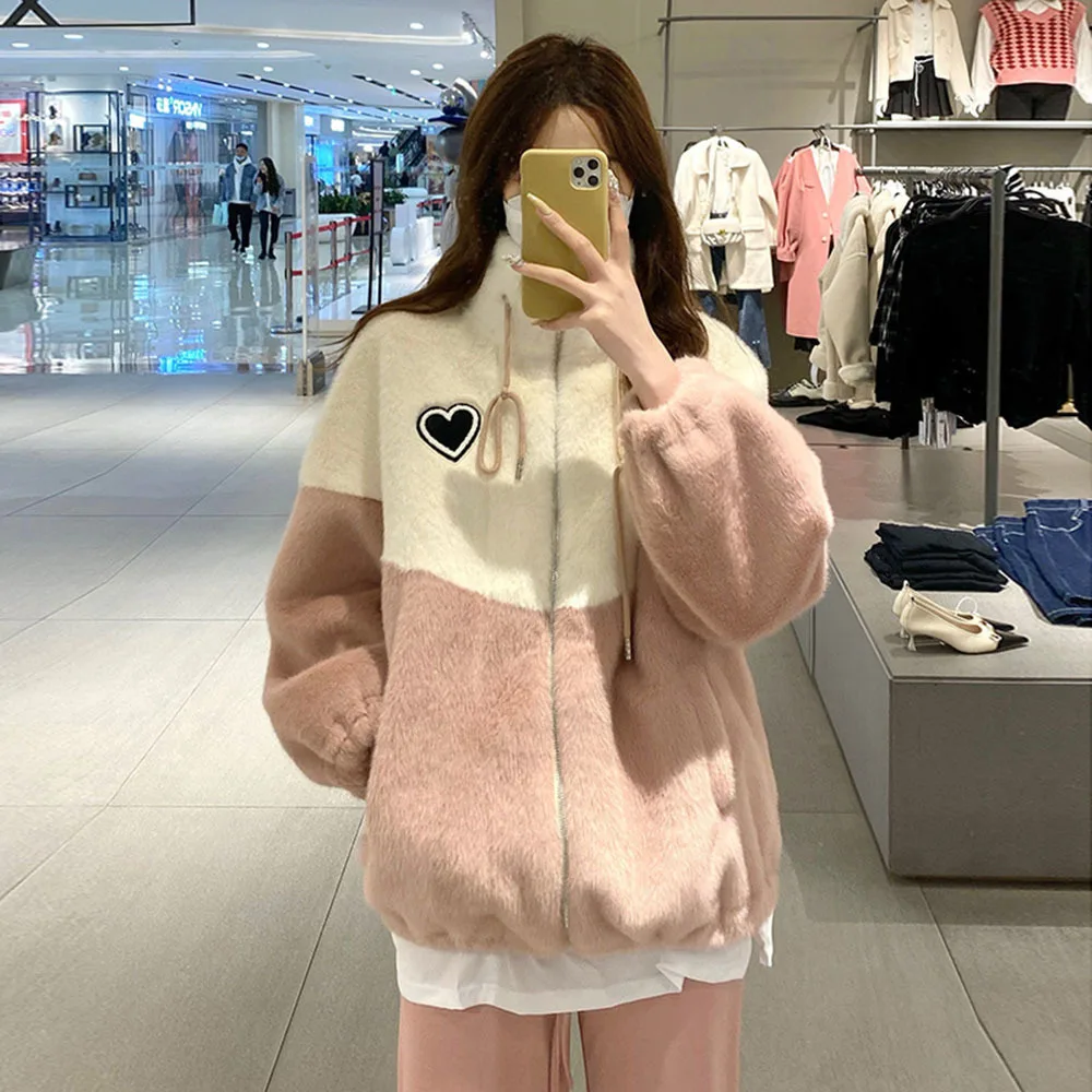 

Winter Fashion Stand Collar Fur Coat 2021 New Womens Faux Fur One-Piece Mink Plush Color Matching Lamb Wool Coat Female Jackes
