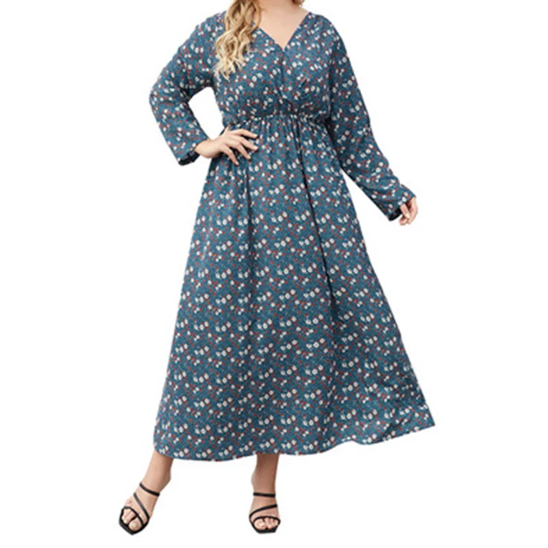 

Plus Size 5XL Women V-Neck Printed Dress Autumn Long Sleeve high waist Maxi Long Dress Vintage Shirt Vestidos Femme Sundress