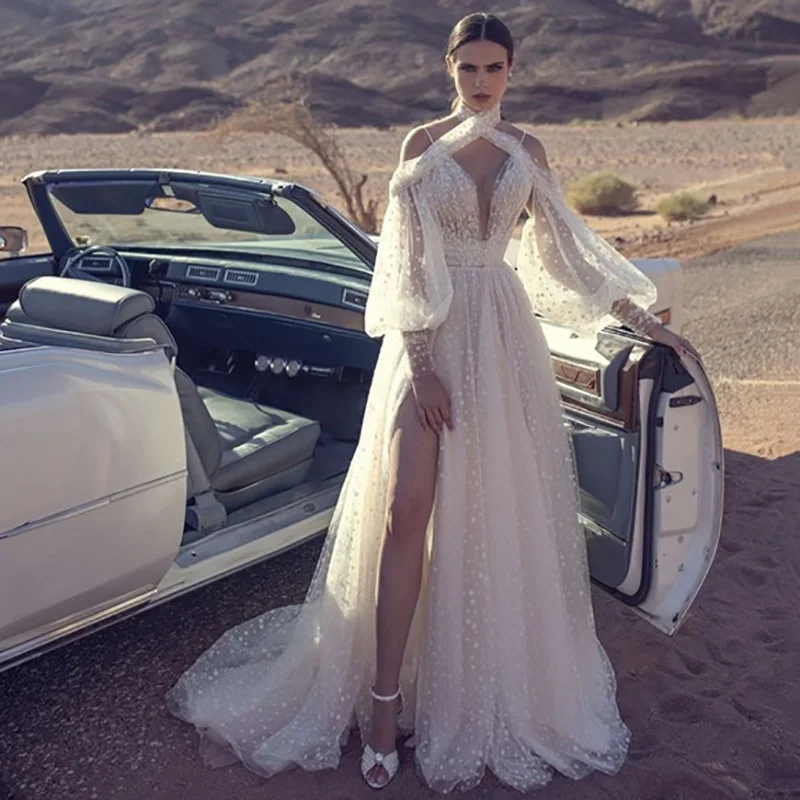 

Sexy Rustic Wedding Dresses with Puff Long Sleeve Bride Dress Women Split Side Dots Tulle Boho Wedding Gowns 2021 Boda