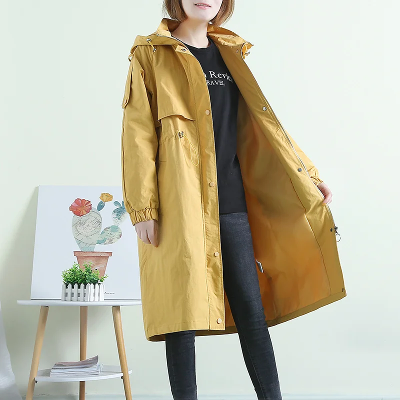 Spring Autumn And Plus Size Hooded Tops Casual Coat Women's Loose Outwear Fitting Hooded Waist Closing Zipper Below Knees Coat