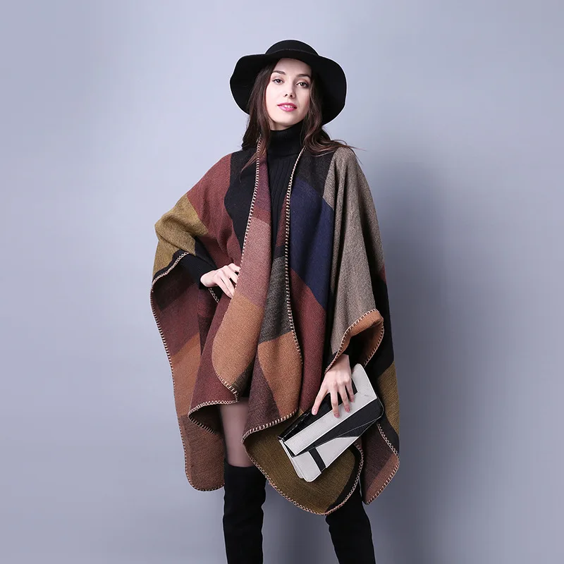 

Scarf versatile Plaid women's warm shawl imitation cashmere European and American national style split thick Cape