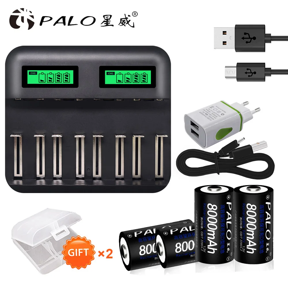 4pcs and charger PALO 2 шт 8000mAh Высокая емкость 1,2 V D размер аккумуляторные батареи для фонарика газовая плита радио холодильник+ 2 батареи коробка - Цвет: 4pcs and charger