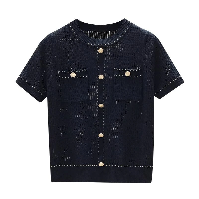 

Summer Thin Hollow Out T Shirt Short Sleeve Ice Silk Knitted Pullover Women Basic Button Contrasting Color O-neck Women Sweaters