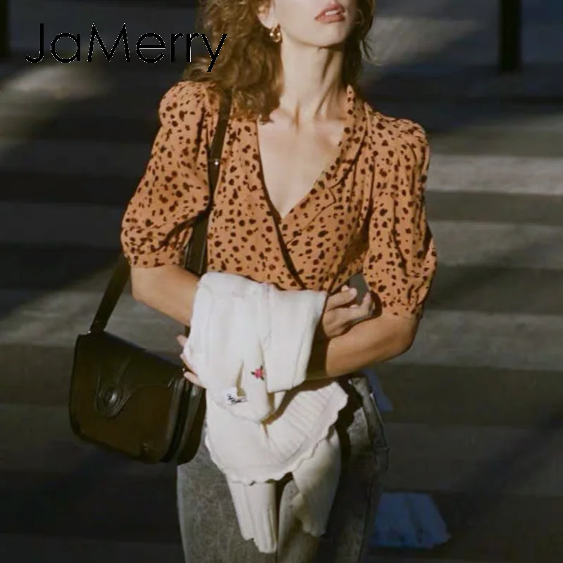 JaMerry винтажная леопардовая женская блузка рубашка рукав до локтя v образный вырез