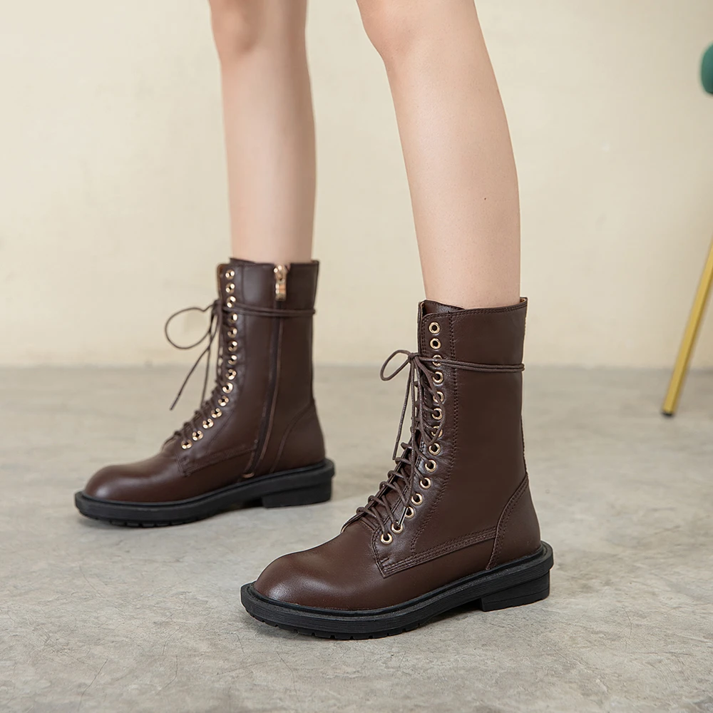 Murah Tendang Kulit Asli Sepatu Wanita Sepatu Tebal Sole Renda Musim Gugur Musim Dingin Pendek Semata Kaki Untuk Wanita Motor Boots Ukuran 42