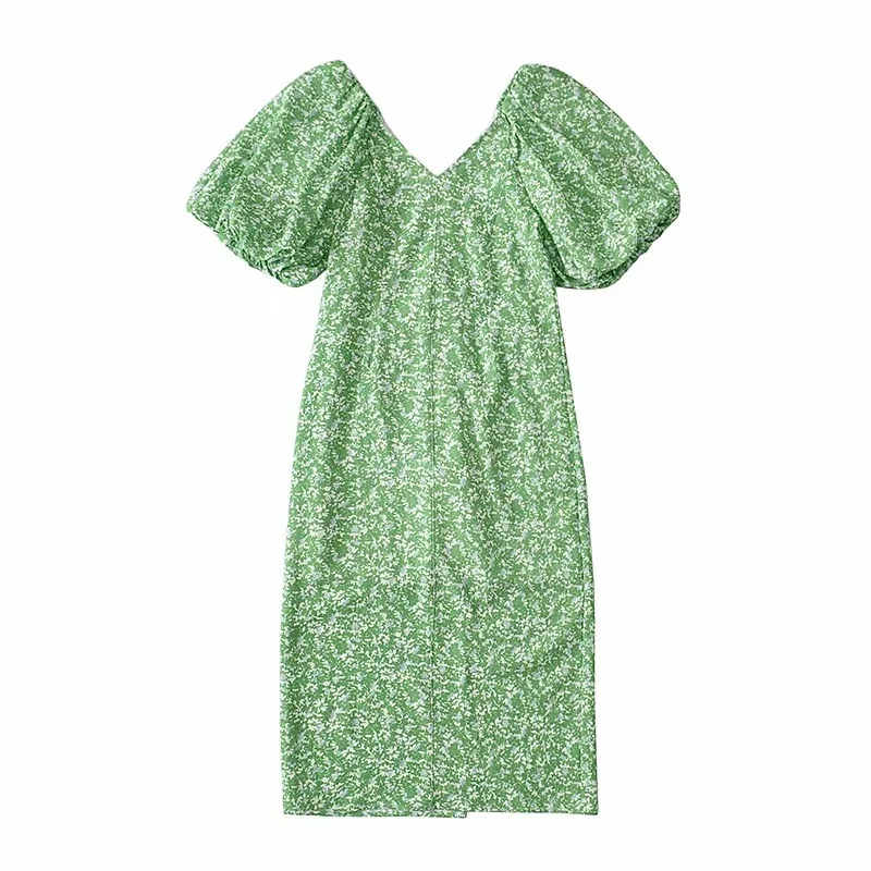 

Women's Fashion Lantern Sleeve V-neck Dress Small Floral Back Split Dress