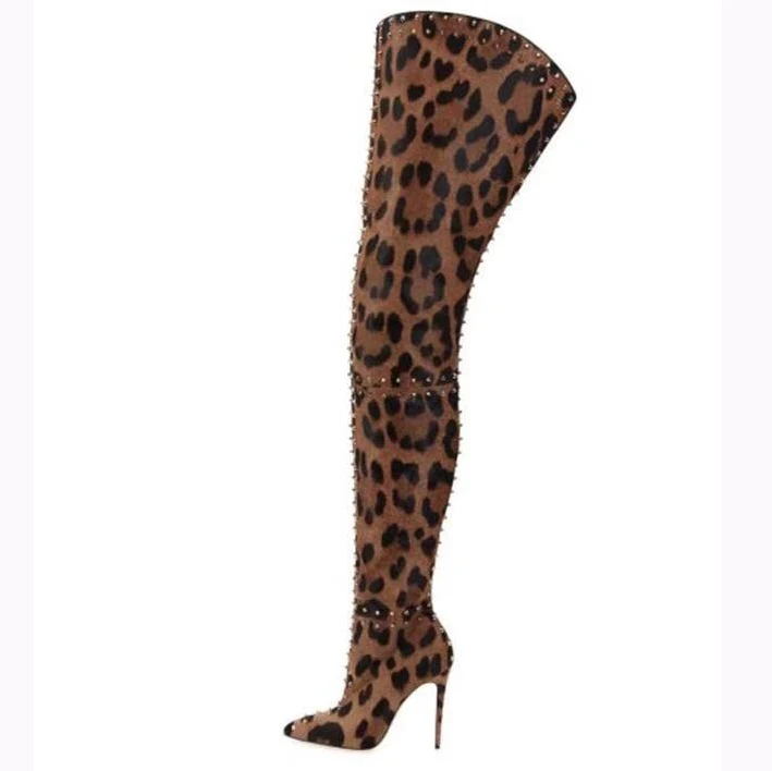 Olomm New Women Thigh High Boots Stiletto High Heels Boots Pointed Toe Gorgeous Leopard Night Club Shoes Women Plus US Size 5-15