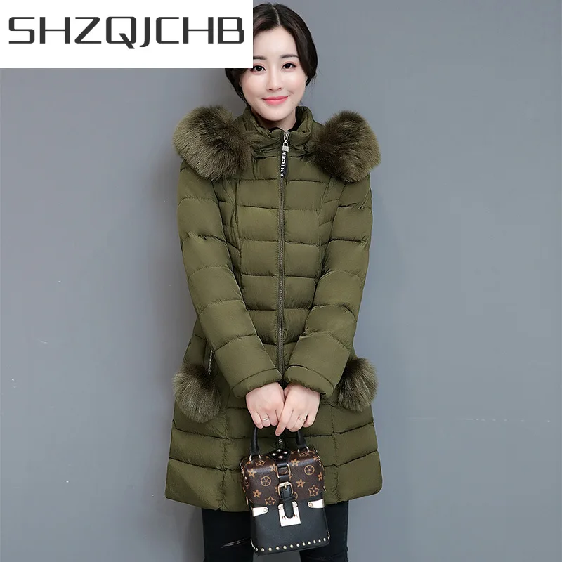 

Женская зимняя куртка SHZQ, женские парки 2021, Корейская Повседневная Длинная куртка с подкладкой и меховым капюшоном, элегантная Толстая тепл...