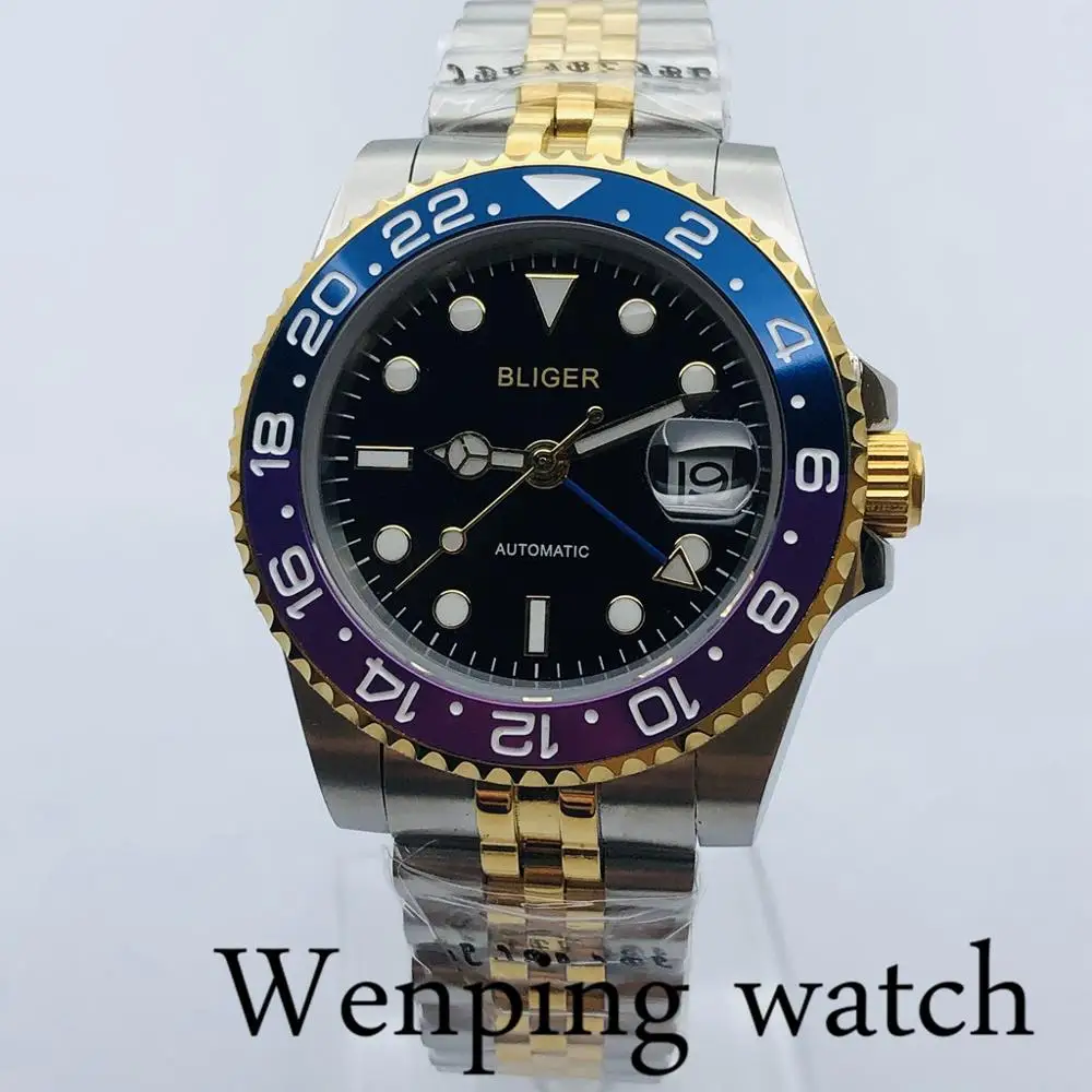 40mm Bliger Men's Top Luxury GMT Mechanical Watch Sapphire Glass Titanium Bezel Black Dial Date Luminous Automatic | Наручные часы