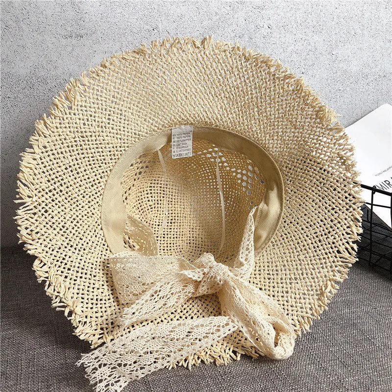 

202106-2509340 summer summer lace long ribbon paper grass street holiday beach lady sun cap women leisure hat