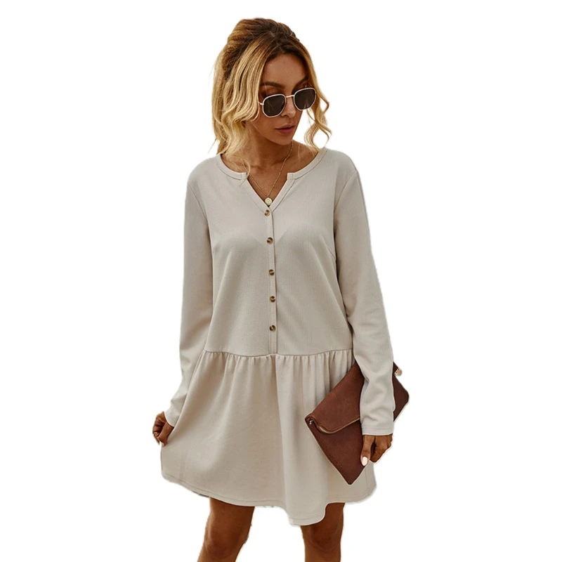 

Женские осенне зимняя одежда с длинным рукавом v-образным вырезом А-образного силуэта средней длины платье пуговицы спереди ребристые прос...