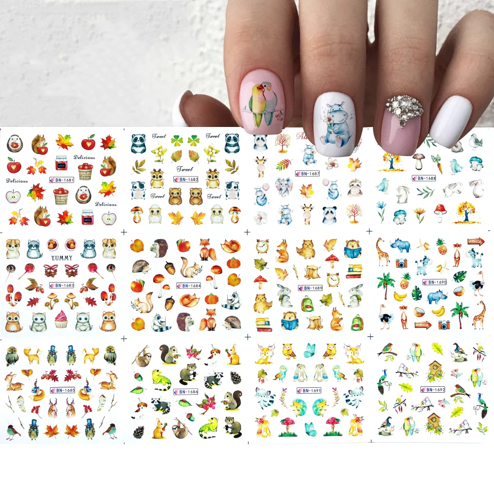 

12 design Cute Animal Water Nail Stickers Fall Leaf Hippo Elephant Rabbit Bird Pattern Nail Tattos Slider Manicure Decoration