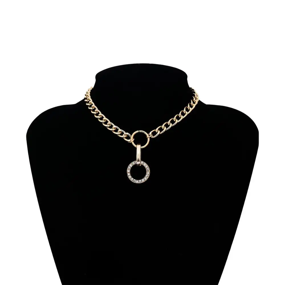 

IngeSight.Z Punk Double Round Circle Crystal Pendant Necklace Statement Curb Cuban Link Chain Choker Necklace for Women Jewelry