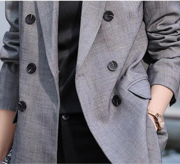 

LXUNYI Woman Blazer High Quality Spring Korean Long Sleeve Loose Double Breasted Lace Patchwork Suit Jacket Blazer Femenino