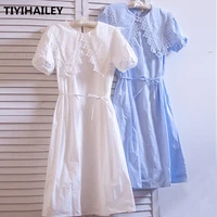 tiyihailey free shipping high quality lace cotton summer long mid calf short sleeve white dress japan style turn down collar