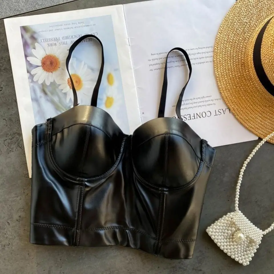 

Women 2021 Summer Fashion Pu Leather Tank Tops Female Solid Color Short Corselets Ladies Party Bustier Bra Cropped Tops E252