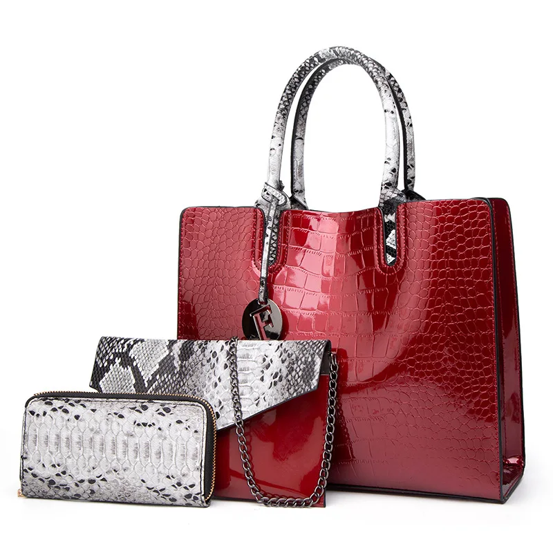 

3 Sets Fashion Patent Leather Women Tote Bag Luxury Handbags Crocodile Pattern Women Bags Designer Brand Shoulder Messenger Bag