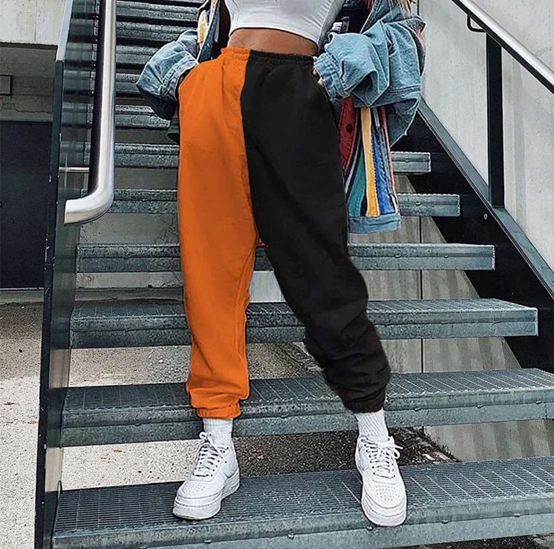 

WEPBEL Spring and Autumn Fashion Loose Stitching Ankle-Length Pants Women's Casual Elastic High Waist Pockets Harem Pants