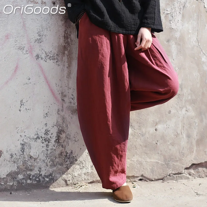 Оригинальные винтажные шаровары женские льняные хлопковые брюки большого