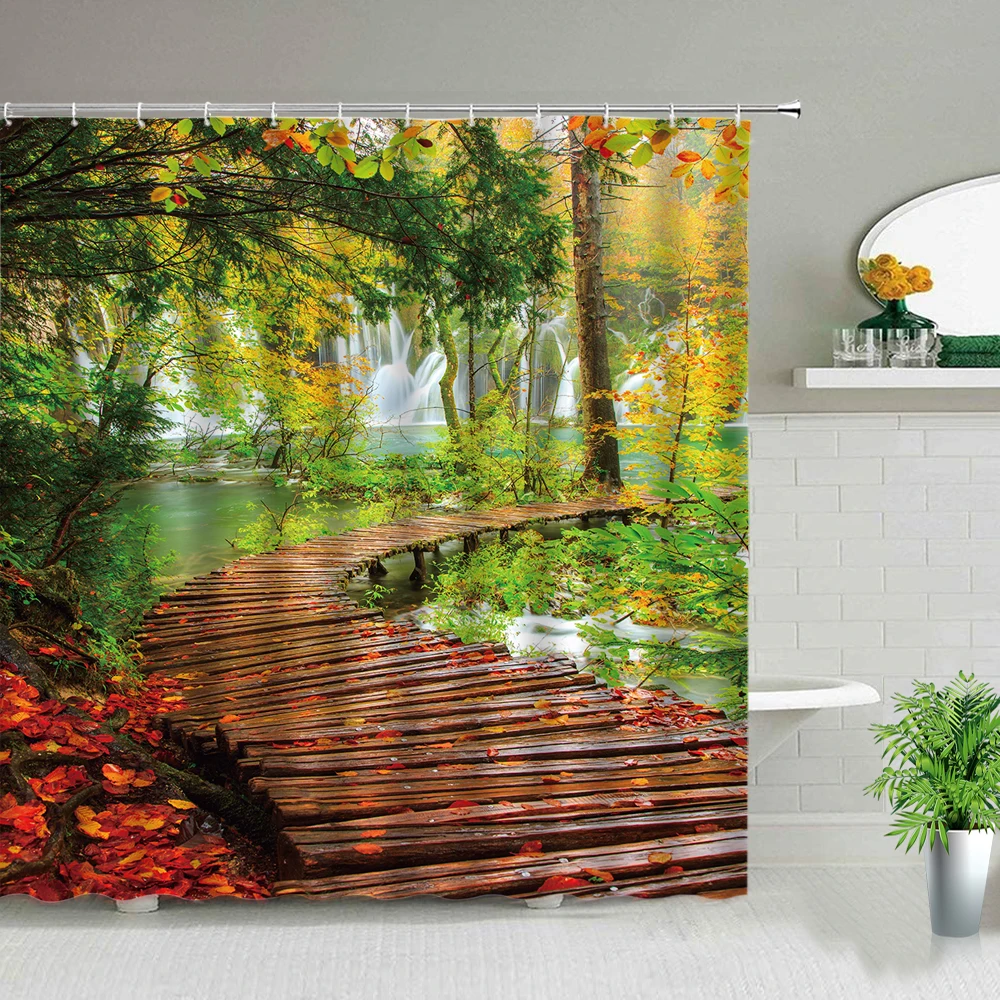 

Natural Scenery Shower Curtain Set Wooden Bridge Forest Waterfall Green Plant Spring Landscape Bathtub Decor Waterproof Curtains