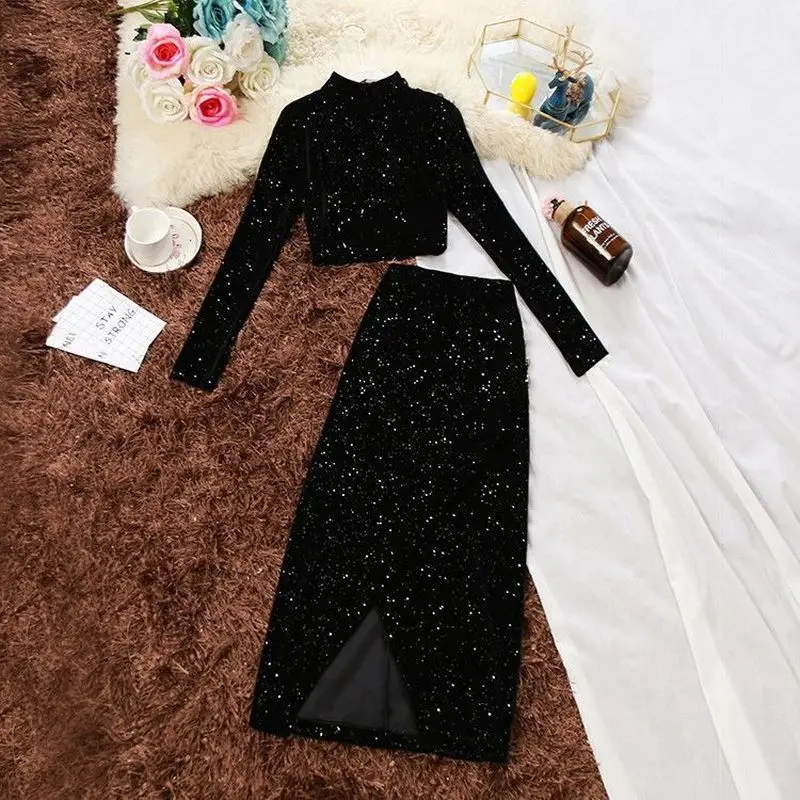 

Solid gold velvet suit women sets 2021 spring autumn new fashion long-sleeved o-neck tops + high waist skirt two-piece clothes