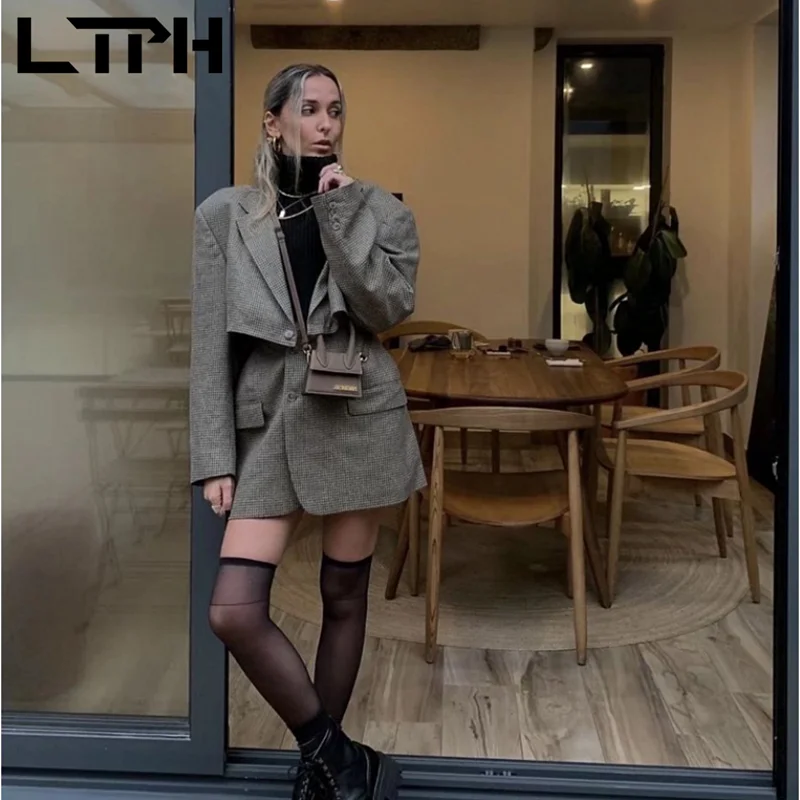 

LTPH vintage woolen houndstooth plaid two piece set women cropped blazer high waist slim package hip skirt suits 2021 autumn new