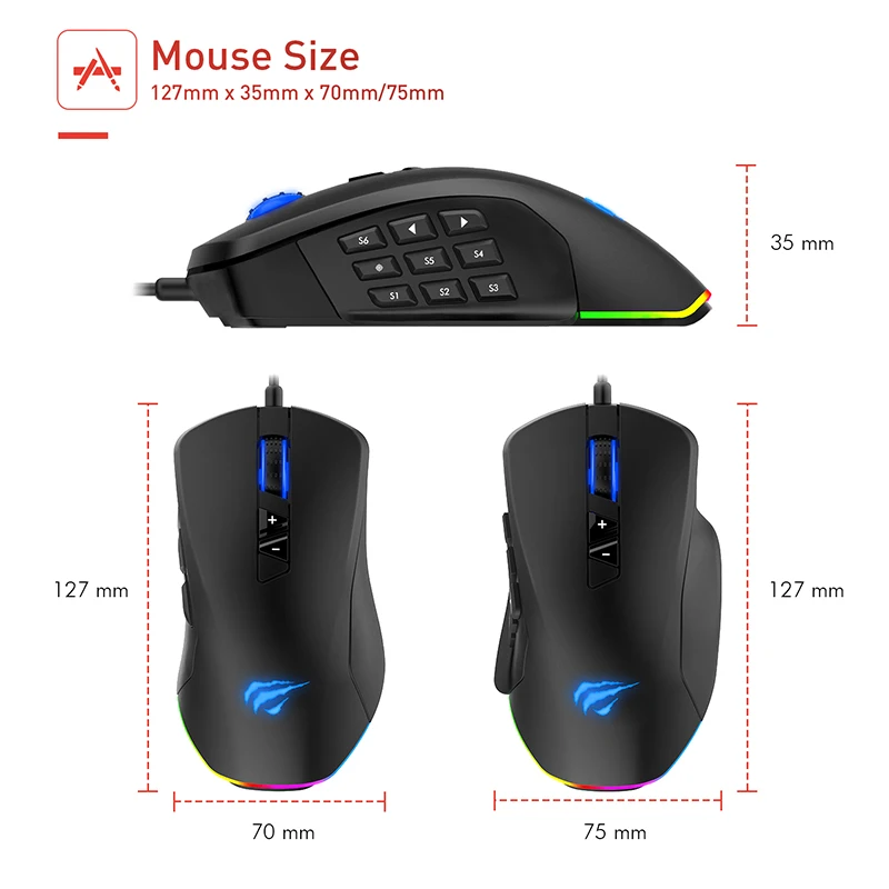 Havit игровая мышь 12000 dpi Проводная мышь с 14 программируемыми кнопками сменные боковые пластины, 2 Сменные правые пластины