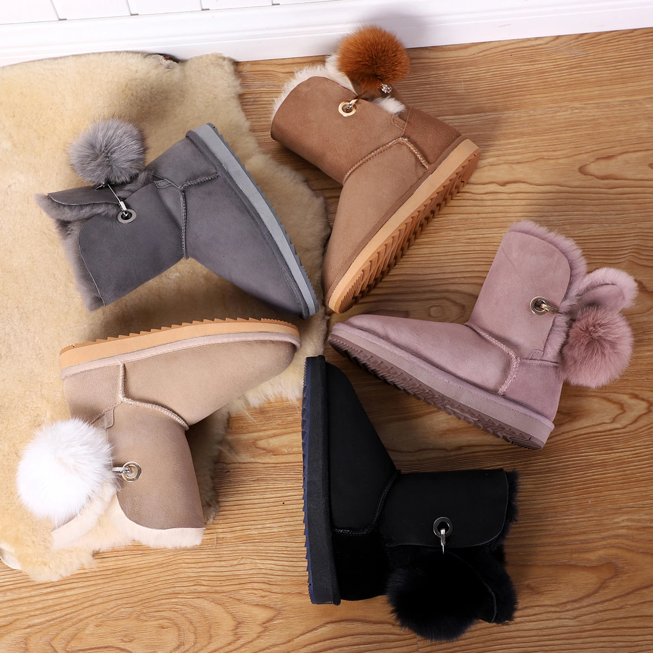 Женские замшевые ботинки FVMX с помпоном и стразами зимняя обувь из овечьей кожи