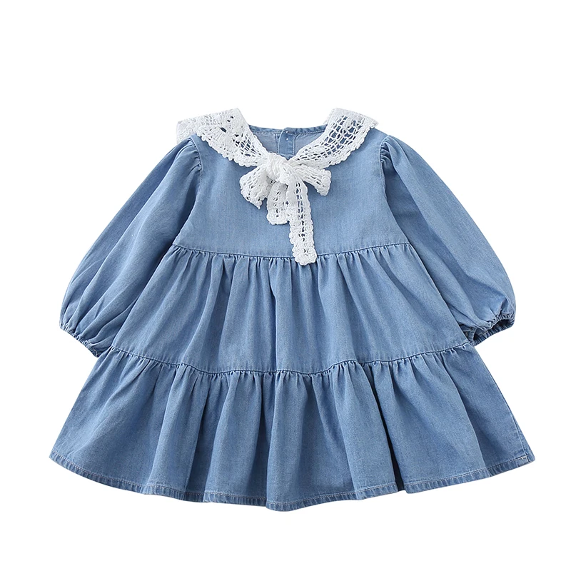 

Pretty Princess Full Sleeve Solid Cotton Knee-length Dresses Denim Lace Shawl Toddler Children Kids Baby Girls Clothes 2-7Y