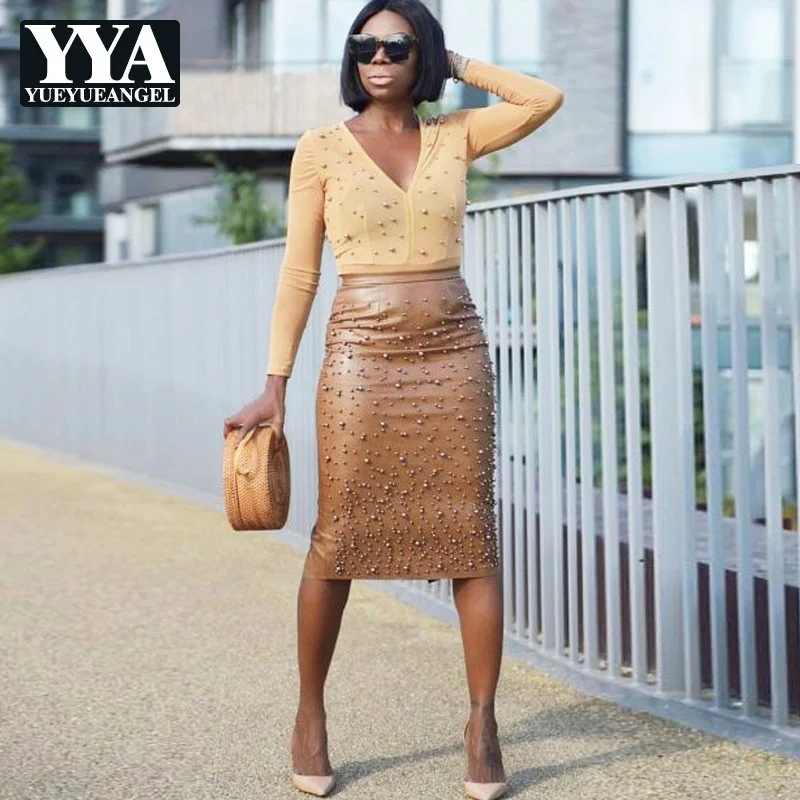 Осенние новые женские юбки из искусственной кожи модные однотонные с бусинами и