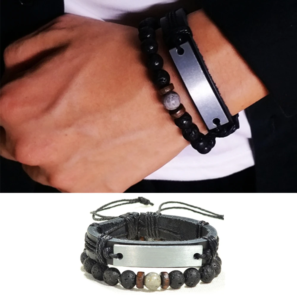 Мужской кожаный браслет из нержавеющей стали браслеты натуральных бусин