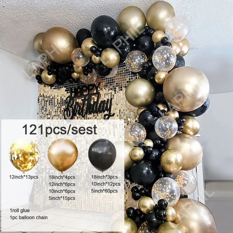 Гирлянда с черными и золотыми воздушными шарами 121 шт. | Дом сад