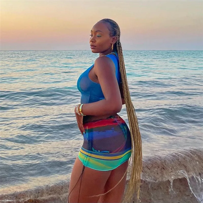 

CIBBAR Tie Dye Mesh See Through Drawstring Mini Dress Women Vacation Outfits Sexy Bodycon Sleeveless Sundress Hipster Clubwear