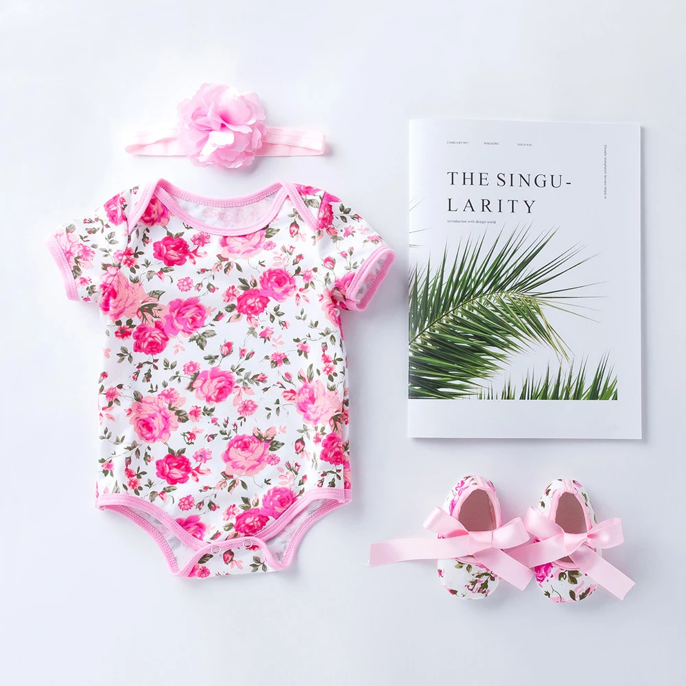 Newborn Baby Girl Flare Sleeve Solid Stripe Leopard Grain Casual Romper Jumpsuit Outfits Clothes Summer Kids Suit |