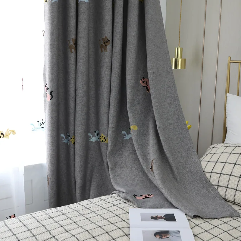 Занавески с вышивкой в виде симпатичного мультяшного кота для детей мальчиков