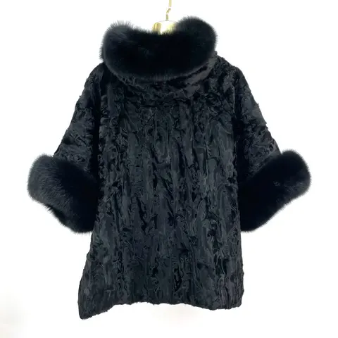 Зимнее женское пончо из натурального меха каракуля, пальто большого размера с натуральным лисьим воротником и рукавом «летучая мышь», свободное теплое модное пальто, можно заказать по индивидуальному заказу