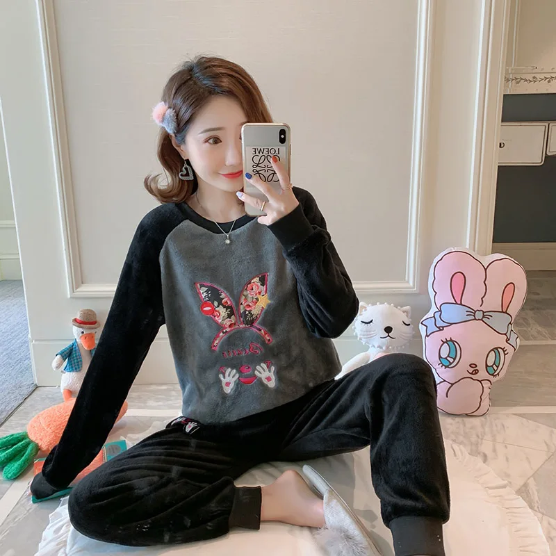 Осенняя Женская пижама черный и серый сшитый маленький новый пижамный комплект с