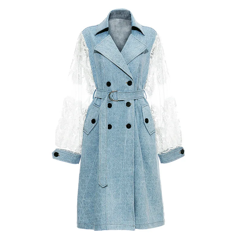 Женский джинсовый Тренч DEAT куртка с отложным воротником и кружевными рукавами