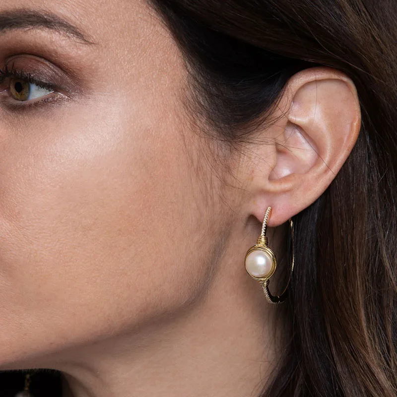 

925 Sterling Silver Gold Yellow Color Asymmetric Sterling Silver Hoop Earrings,White Pearl Stones, Brand Jewelry for Women