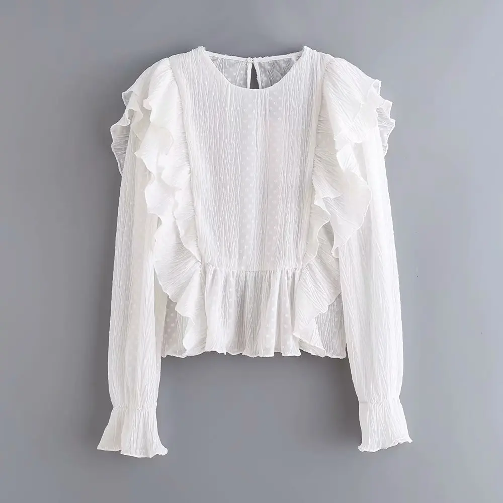 Женская элегантная рубашка в горошек с каскадными оборками Офисная круглым