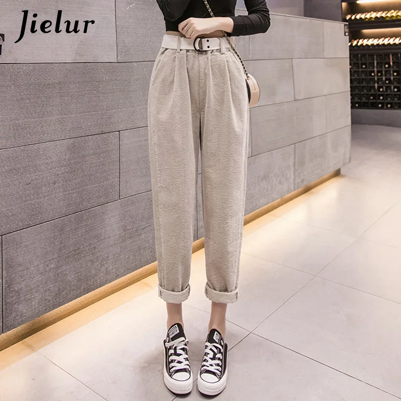 Apricot Jielur теплые вельветовые брюки женские зимние шаровары женские S-3XL свободные корейский стиль Мода Досуг белый черный пояс для Капри - Цвет: Apricot