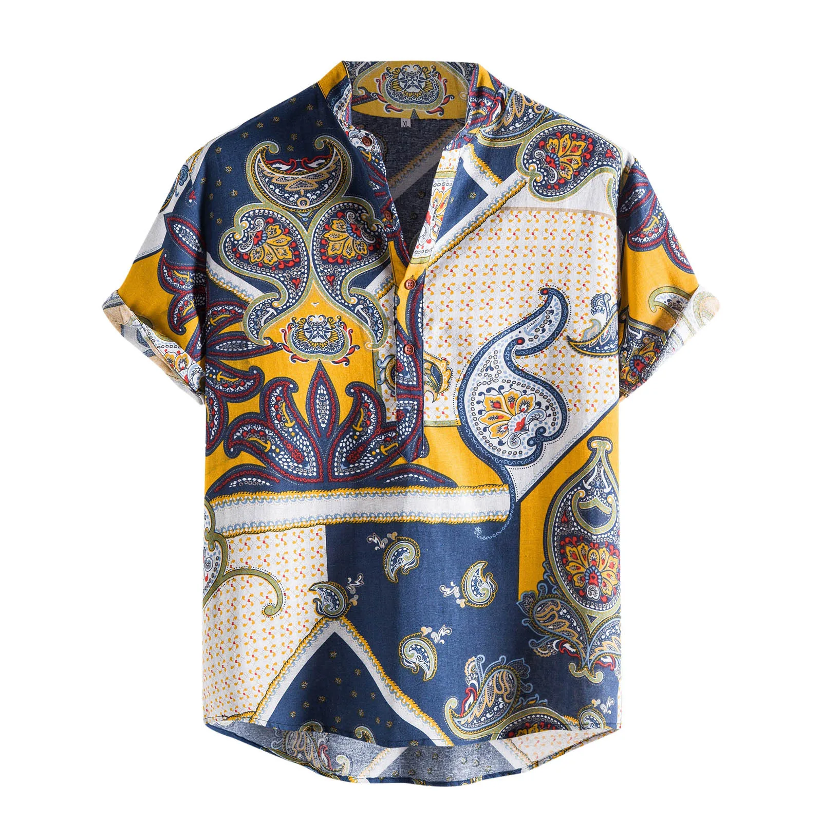 

Hot Fashion Men's Shirt Casual Cashew Print Stand Collar Short Sleeve Button Pullover High Quality Shirt Blouse Ropa Hombre 2021