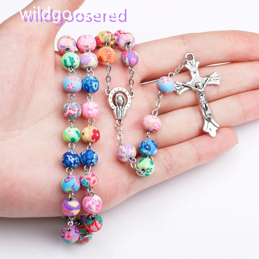 

Soft pottery rose Sutra Rosary Necklace religious totem God cross manufacturer wholesale