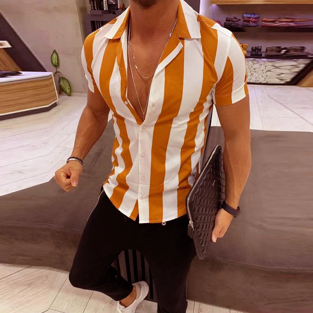 

Mens Shirts Casual Striped Printed Splicing Colorful Summer Short Sleeve Button Holiday Slim Top Fashion Male Clothing Shirt #45