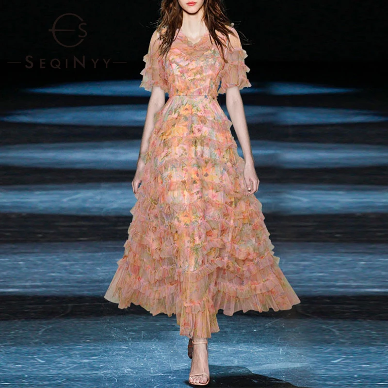 SEQINYY Party Elegant Dress Summer Spring New Fashion Design Women Runway Luxury Ruffles Orange Pink Flowers Print A-Line