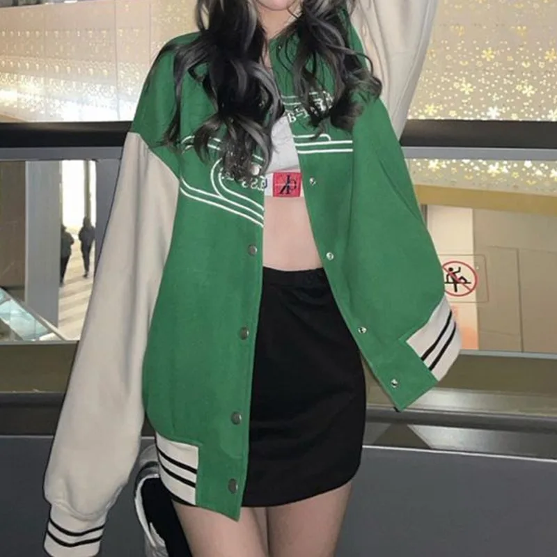 Осеннее зеленое пальто для девочек куртка-бомбер Женская бейсбольная форма