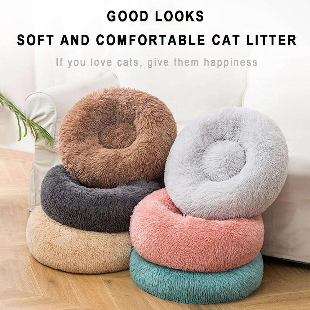 

Round Long Plush Dog Beds Large Dogs Cushion Super Soft Fluffy Comfortable Washable Pet Calming Bed