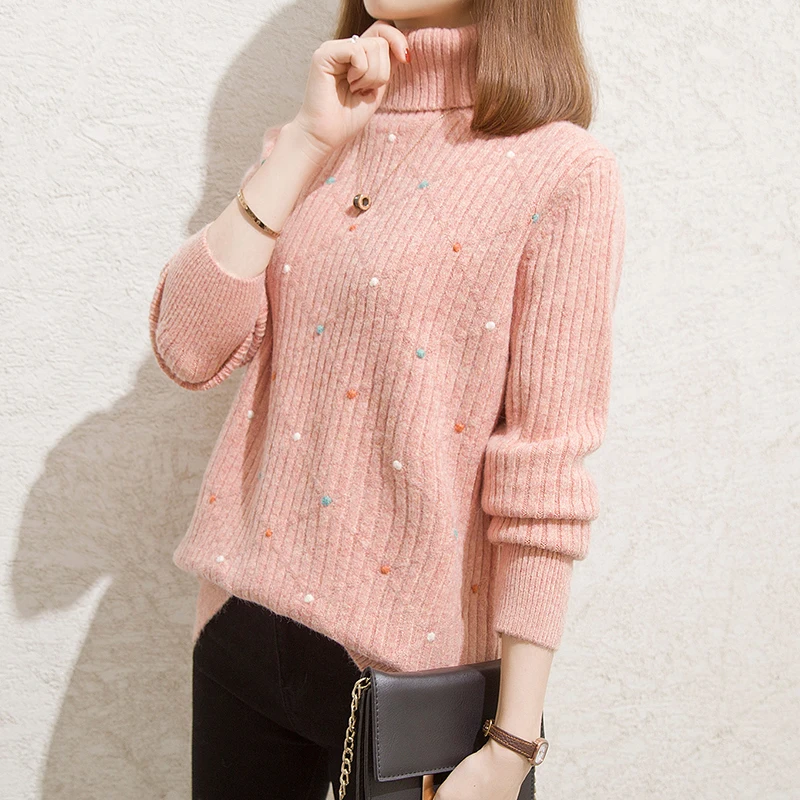 

Women Oversize Basic Knitted Turtleneck Sweater Female Solid Turtleneck Collar Pullovers Warm White